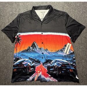 RESERVOIR Shirt Mens Medium Black Car Graphic Sunset Button Front Stretch Jersey